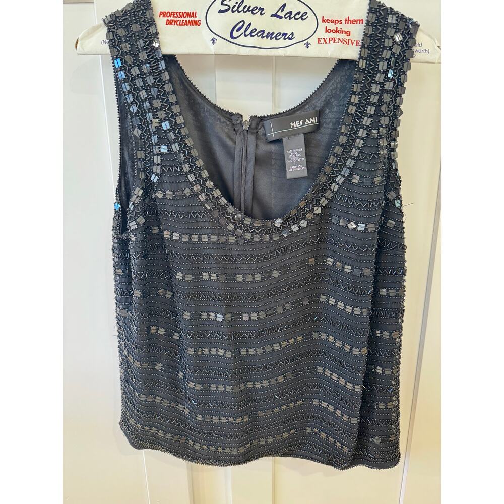 Beaded Black Silk Sleeveless Top Mes Ami  Size L